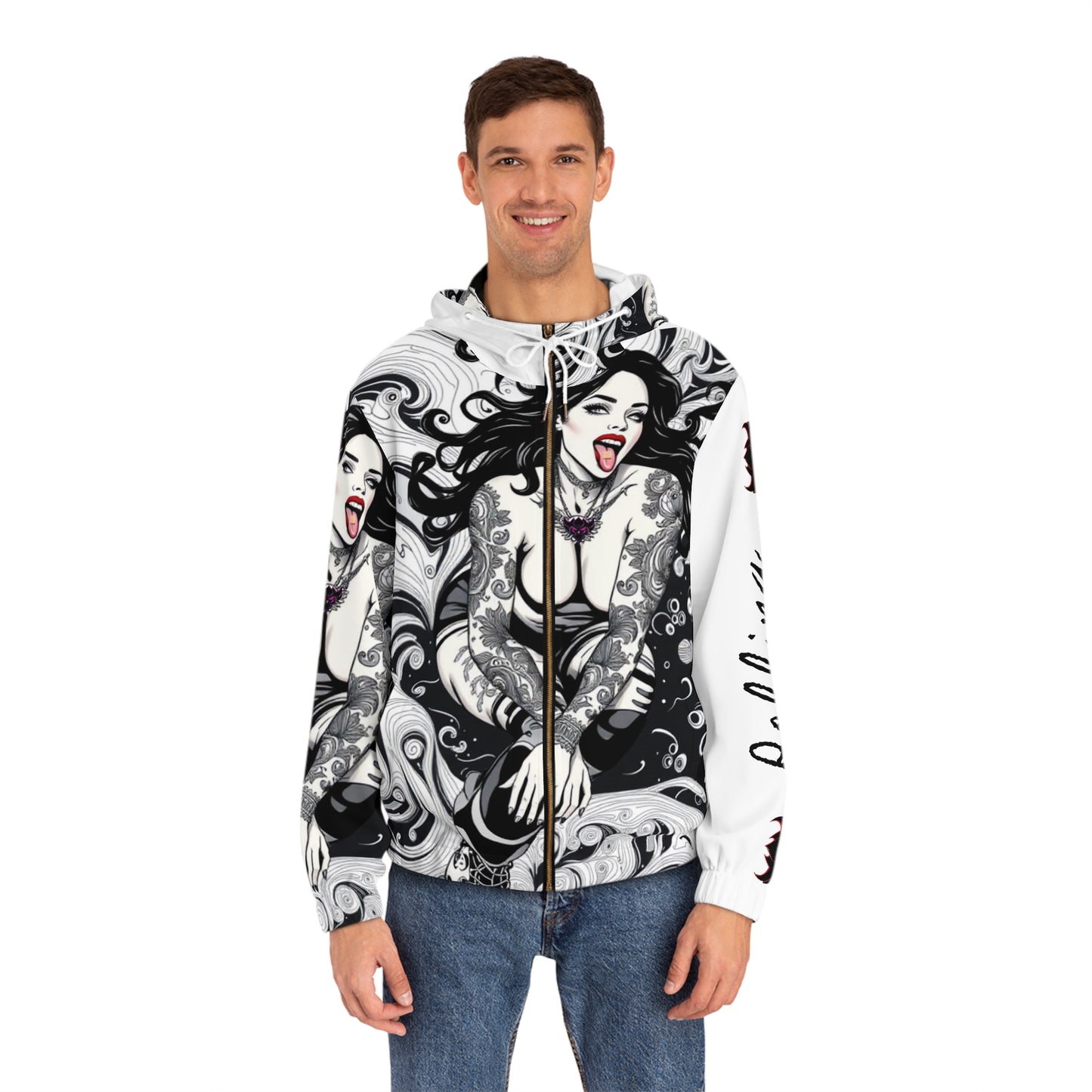 "Rolling" Gothic Mermaid Full-Zip Hoodie - Edgy Tattoo Design for Men/Unisex