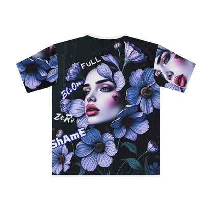 Stylish Floral Graphic T-Shirt - 'FULL BLOOM ZERO SHAME' Design