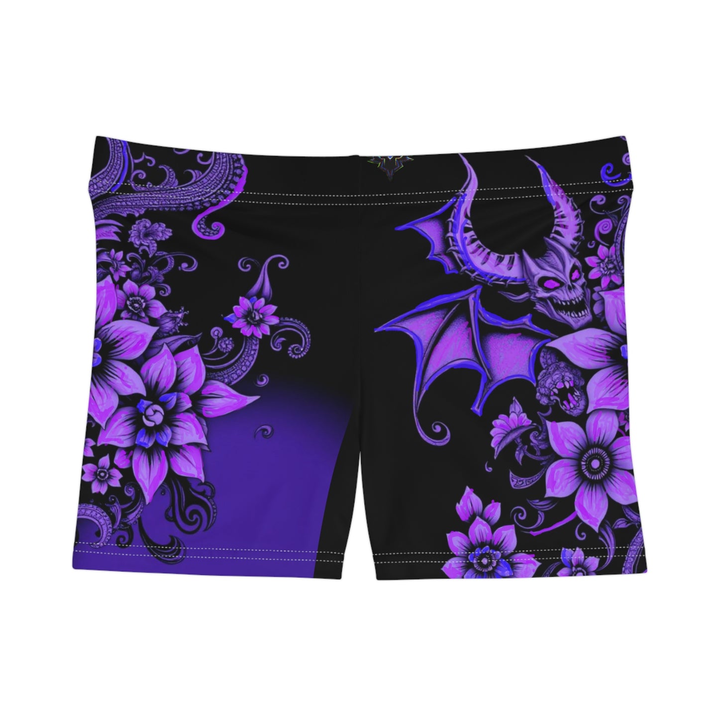 Gothic Floral Women's "Chill of Darkness" Shorts - Purple Bat Design