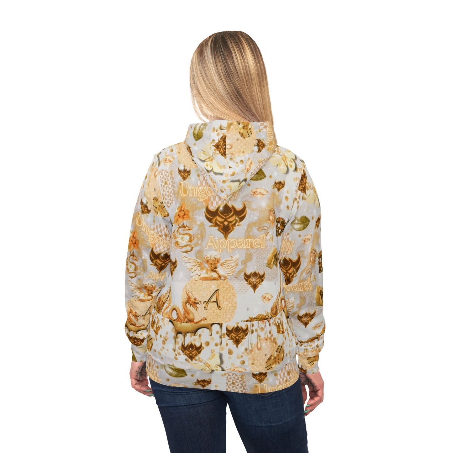 "Ungodly Gold" Gold Skull Pattern Athletic Hoodie – All-Over Print Streetwear