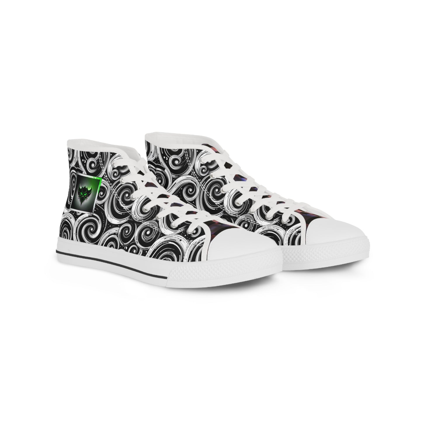 High-Top Sneakers — Black & White Swirl Pattern with Green Ungodly Apparel Logo Accent