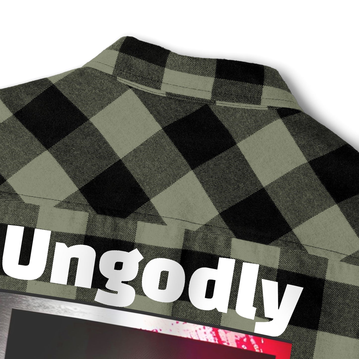 "Ungodly Apparel" Unisex Flannel Shirt, Cozy Layering Shirt, Casual Style, Outdoor Adventure Clothing, Graphic Design Shirt, Gift for Him/Her