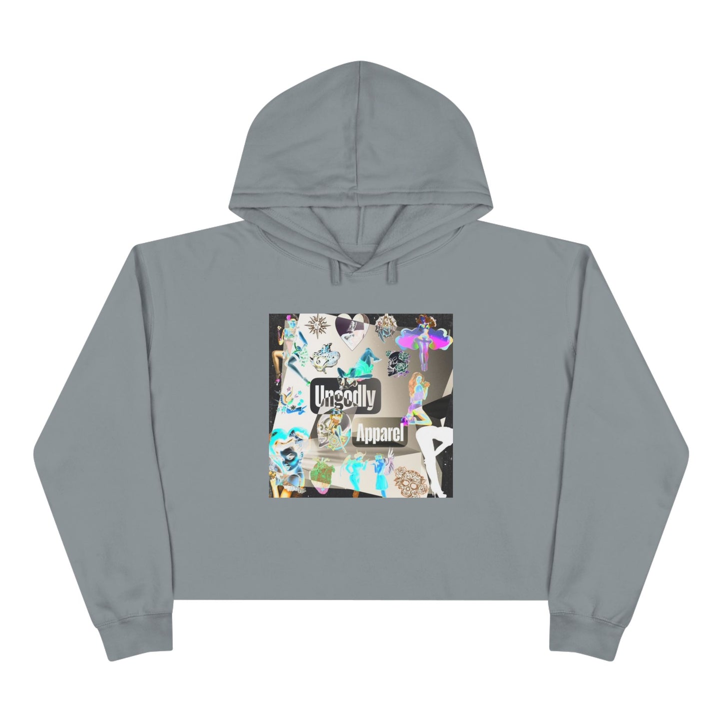 Holographic Floral Crop Hoodie — 'Ungodly Apparel' Graphic