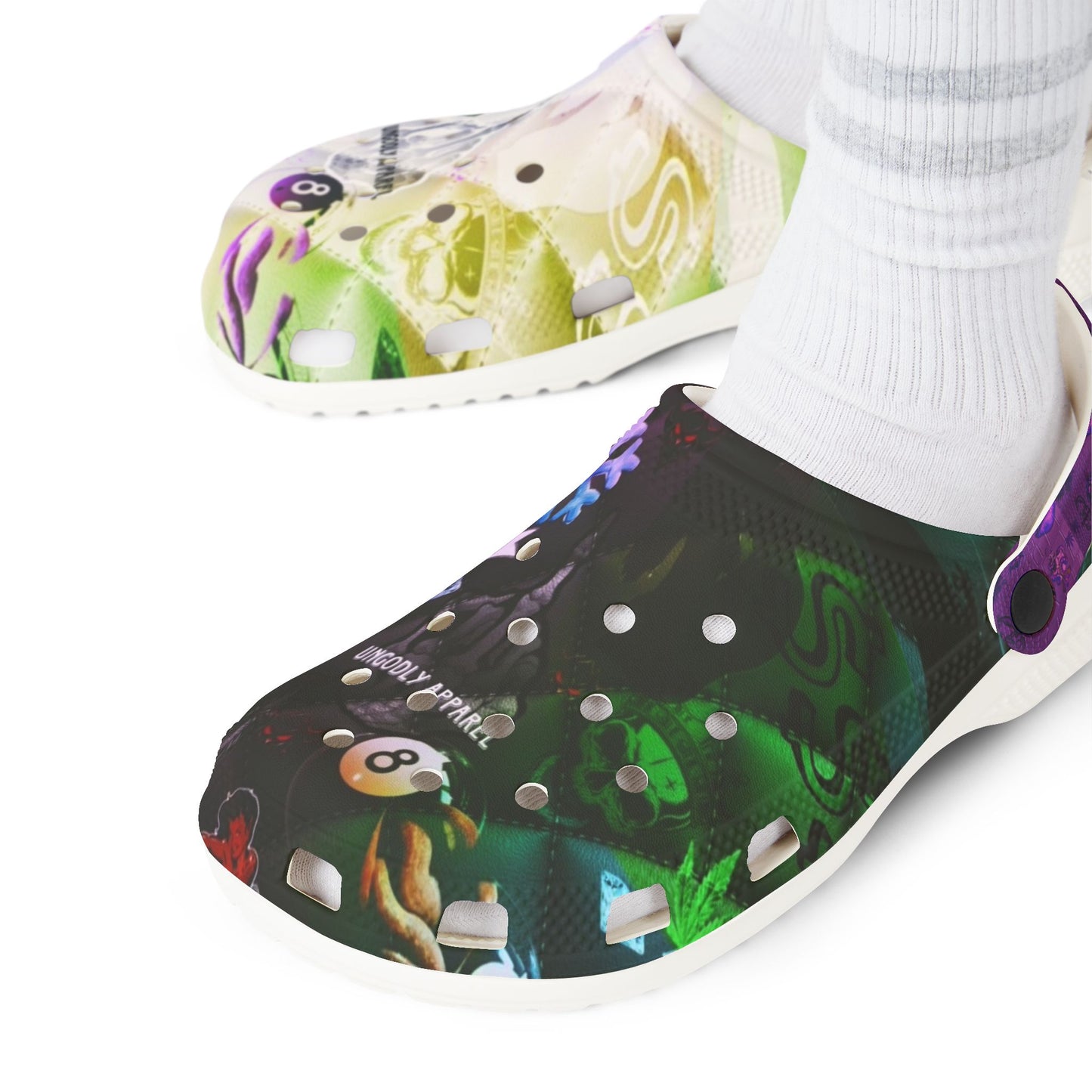 Printed EVA Foam Clogs — Colorful Purple Strap All‑Over Print Garden Vibe