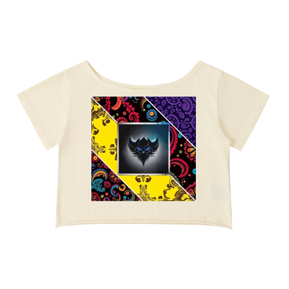 "Bandana Patchwork with Ungodly Apparel Logo" Off-Shoulder Rolled Hem Cotton T-Shirt