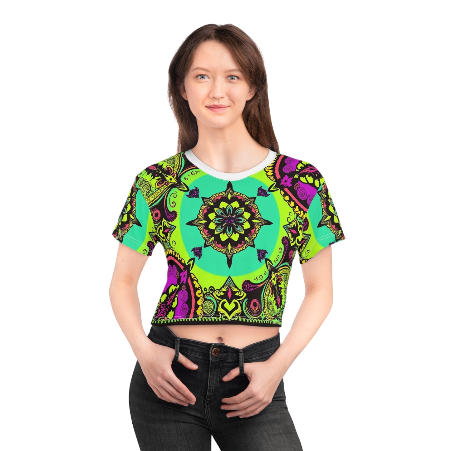 "Ungodly Purple and Green Paisley" Vibrant Mandala Crop Tee, Colorful AOP T-Shirt, Boho Summer Top, Festival Wear, Trendy Statement Piece