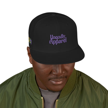 Embroidered Snapback Hat — 'Ungodly Apparel' Purple Script
