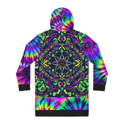 "Ungodly Trippy" Vibrant Women's Hoodie Dress with Colorful Tie-Dye Pattern, Bohemian Style, Cozy Fashion, Gift for Festivals, Casual Wear, Lounge Dress