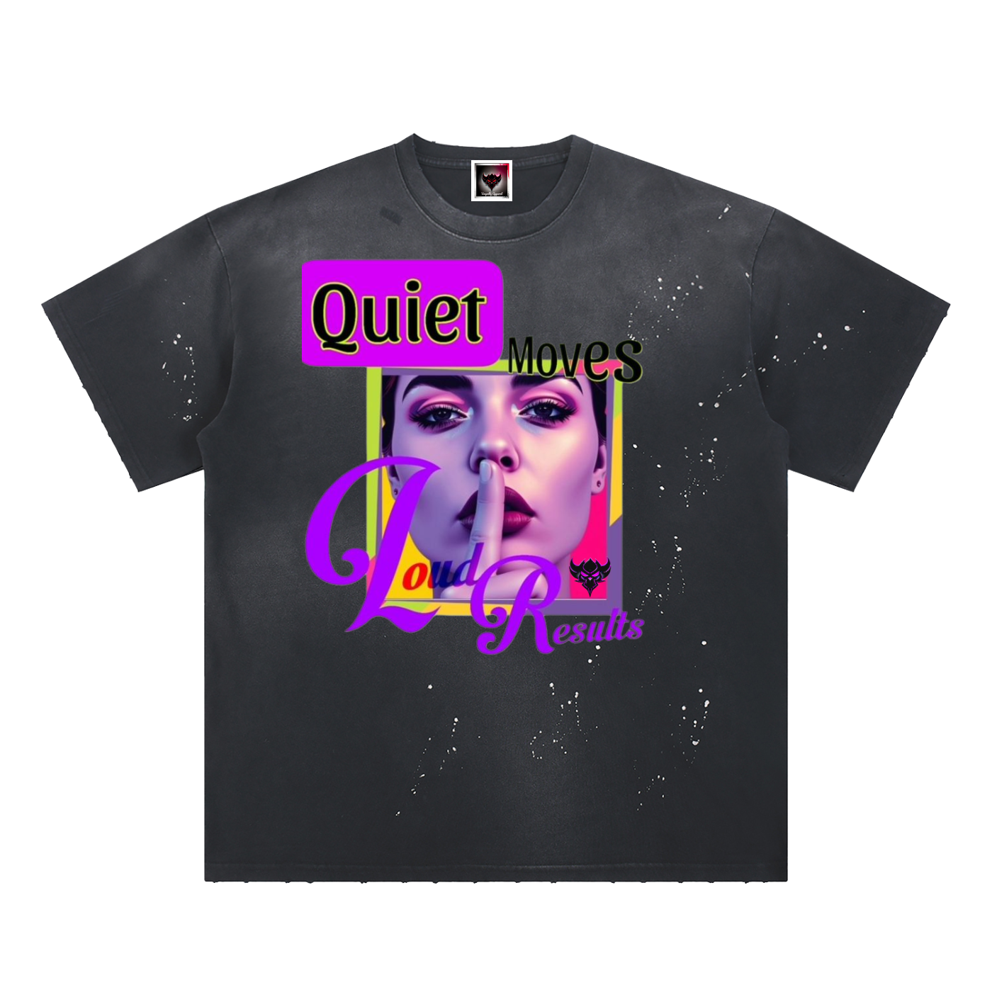 "Quiet Moves, Loud Results" Hand-Frayed Sunfade Paint Splatter T-Shirt