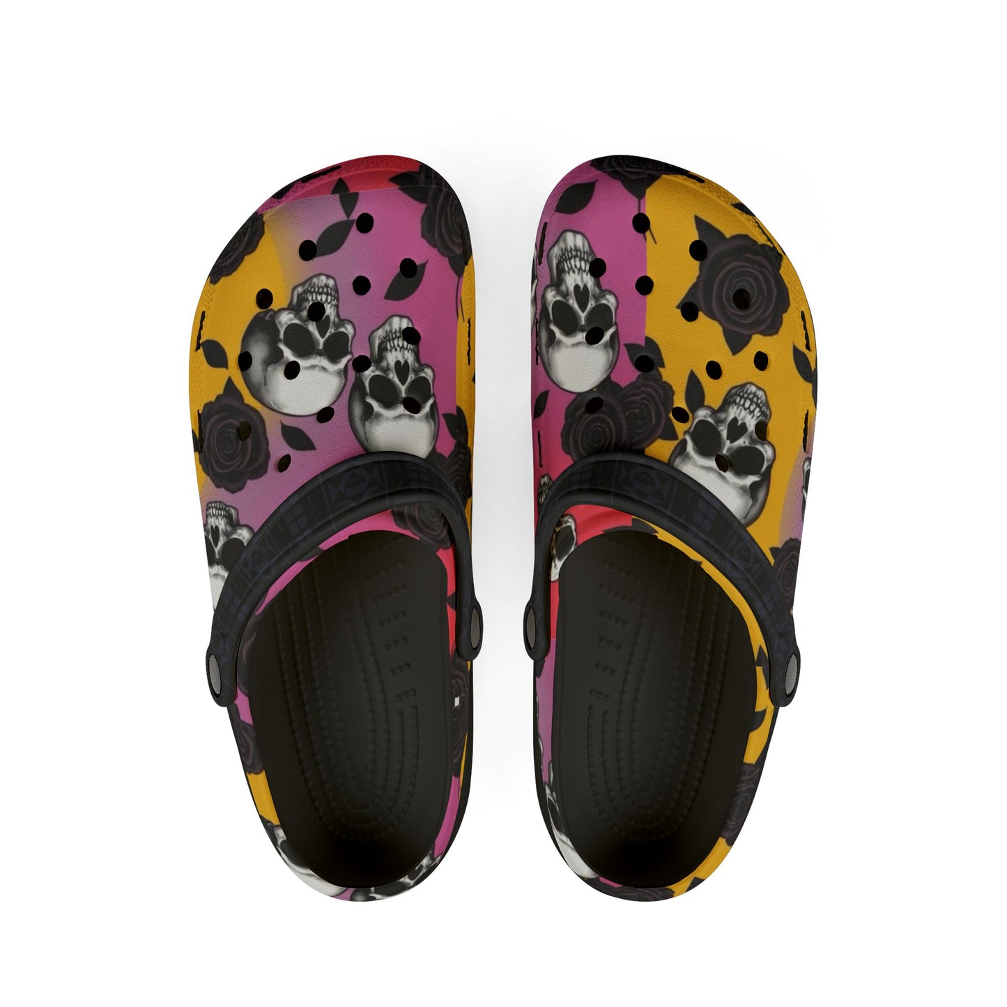 Skull & Roses Clogs — Colorful Floral Slip-On Shoes