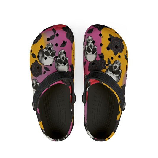 Skull & Roses Clogs — Colorful Floral Slip-On Shoes
