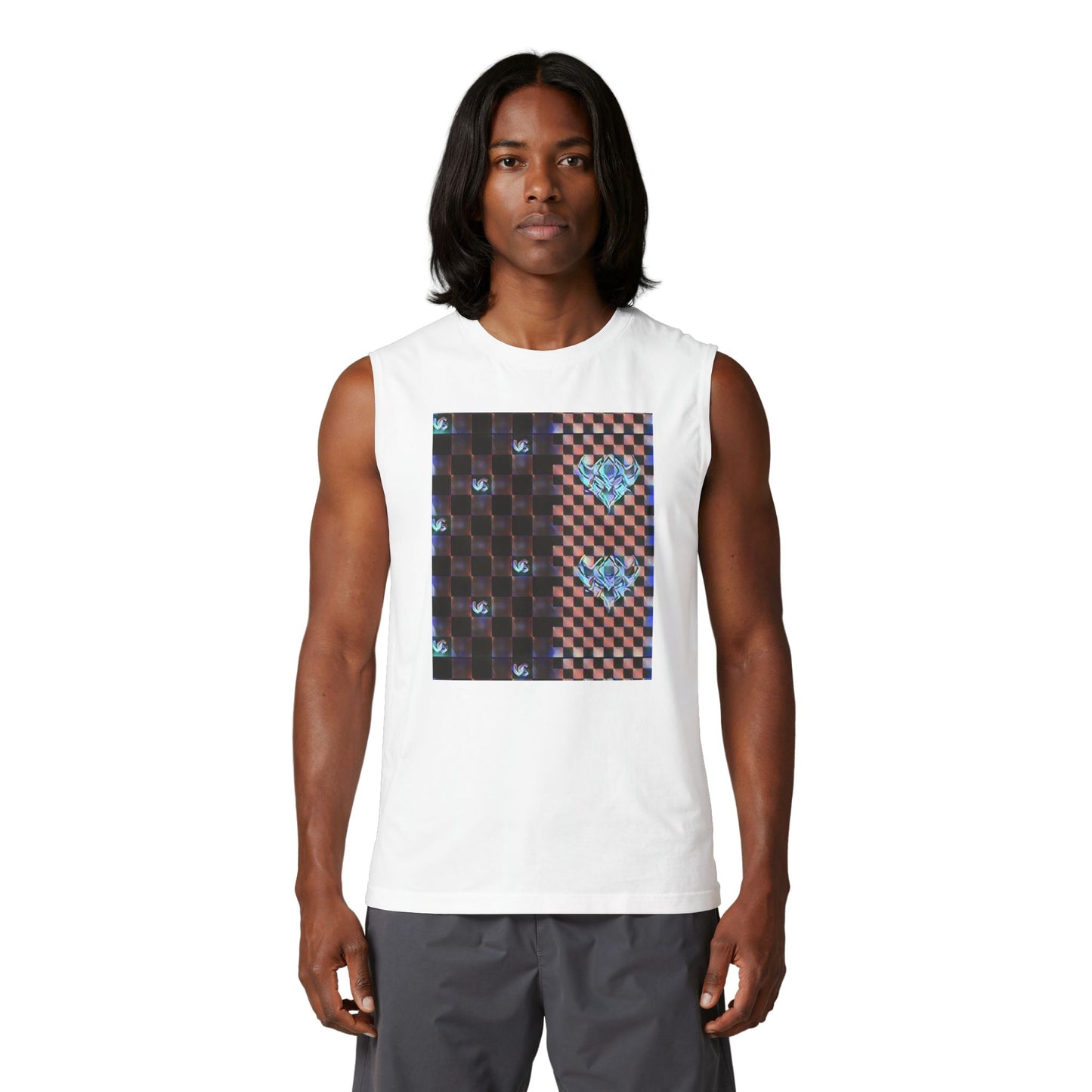 UG Checkerboard Pattern Muscle Tank — Retro Blue Holographic Logo
