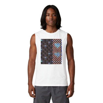 UG Checkerboard Pattern Muscle Tank — Retro Blue Holographic Logo