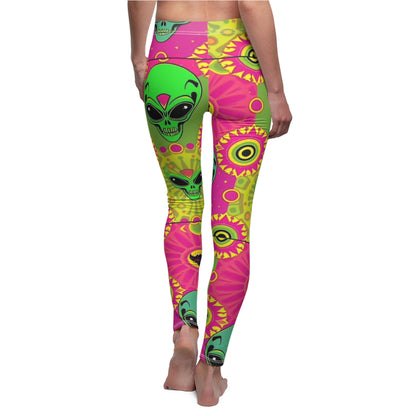 Psychedelic Alien Print Leggings — Colorful Neon Skull & Sun Pattern
