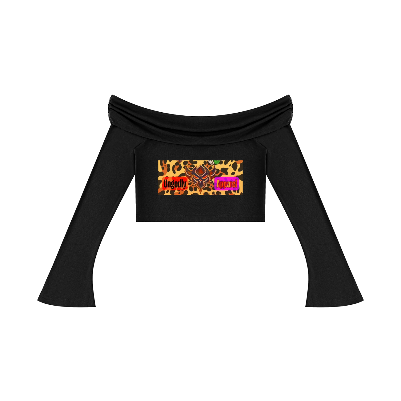 "Ungodly Apparel Leopard" Women's Off-the-Shoulder Bell Sleeve Crop T-Shirt