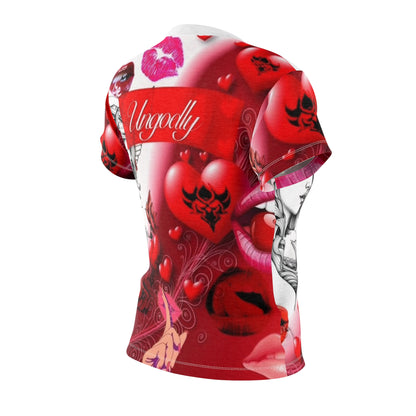 Women's Cut & Sew Tee — 'Ungodly' Red Heart Gothic All-Over Print
