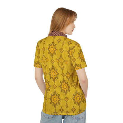 Gold Ikat Pattern Polo Shirt — Vintage Ethnic Print Short-Sleeve Polo