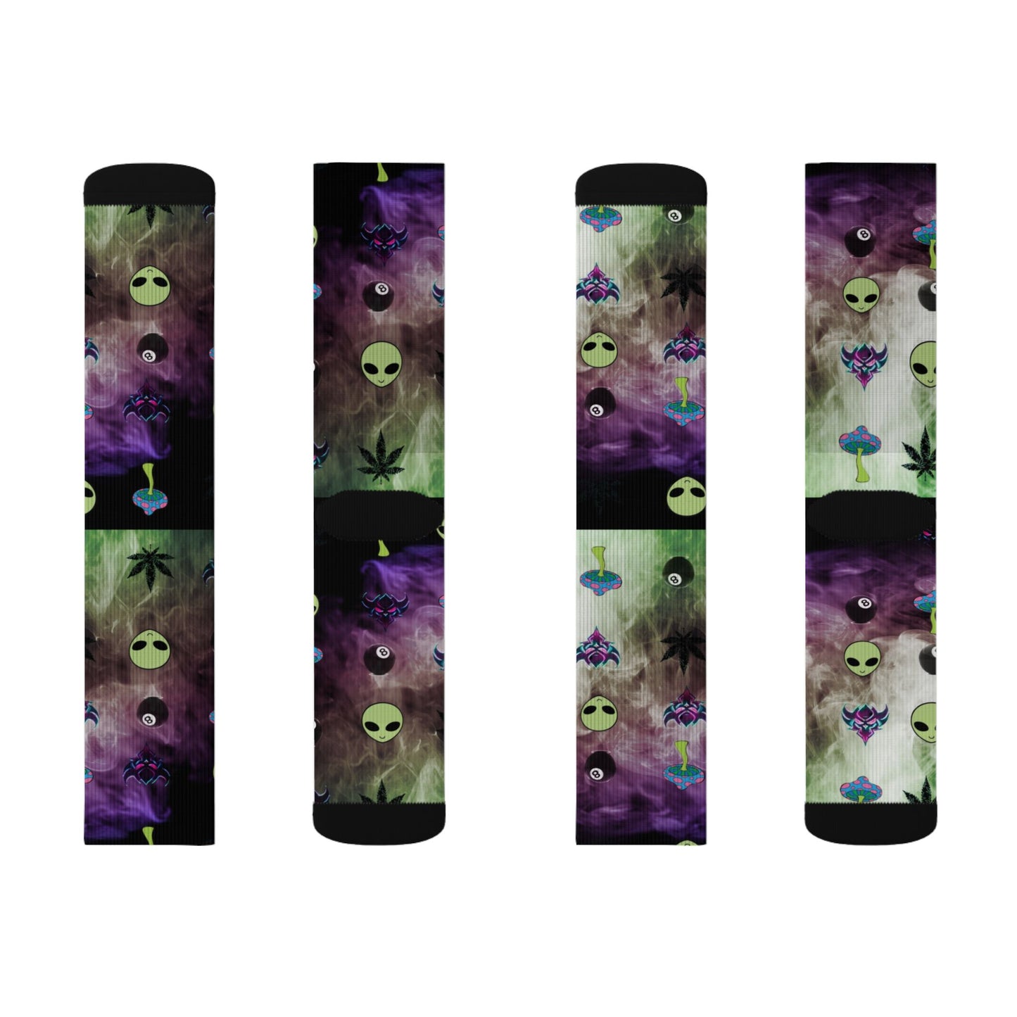 Alien Galaxy Sublimation Socks — Psychedelic UFO & Cannabis Pattern Crew Socks