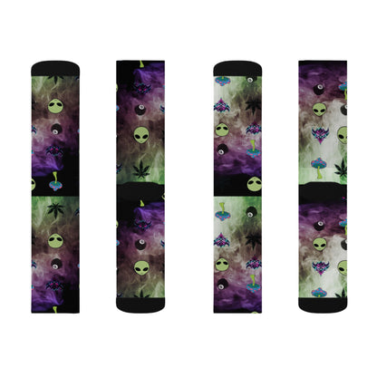 Alien Galaxy Sublimation Socks — Psychedelic UFO & Cannabis Pattern Crew Socks