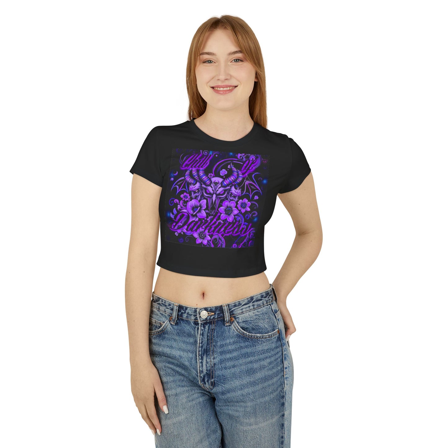 "Chill in Darkness" Women's Baby Tee - Edgy Floral Graphic Tee