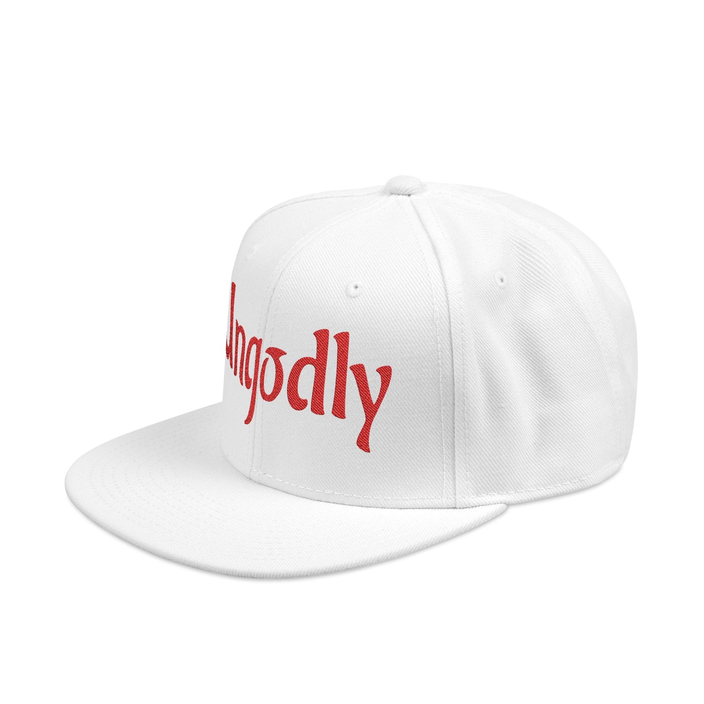 Snapback Hat — Red Embroidered 'Ungodly' Gothic Script