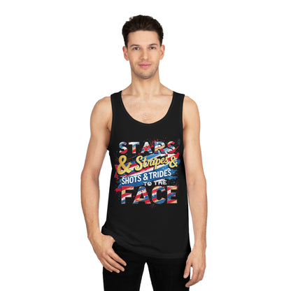 "Stars, Stripes, & Shots to the Face" Tank Top - Unisex Softstyle™ Tank, Perfect for July 4th, Summer Fun, BBQs, Casual Outings, Outdoor Events