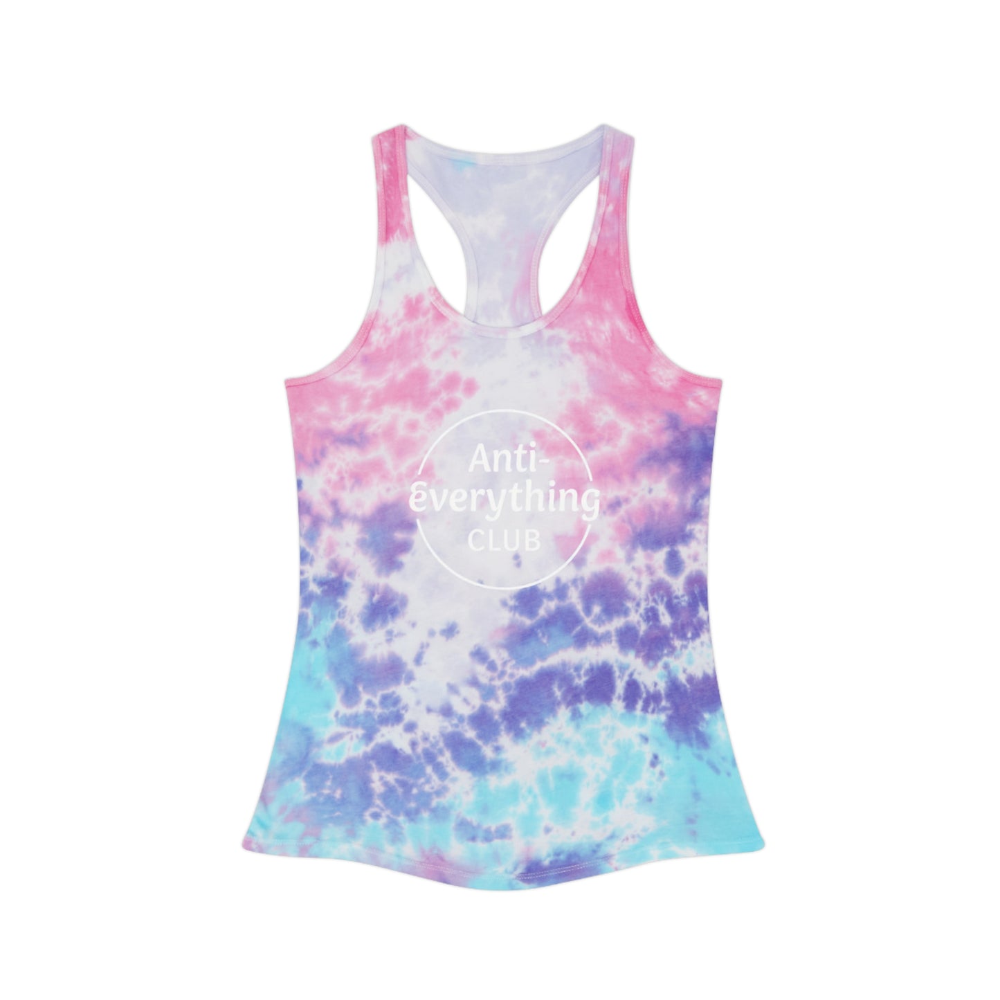"Anti-Everything Club" Light Blue Tie Dye Racerback Tank Top, Casual Beachwear, Summer Vibes, Festival Top, Anti Everything Club