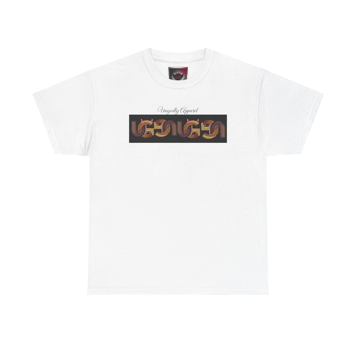 Retro Ungodly Apparel Flame Script Tee — Brown UG Link Pattern Graphic T-Shirt