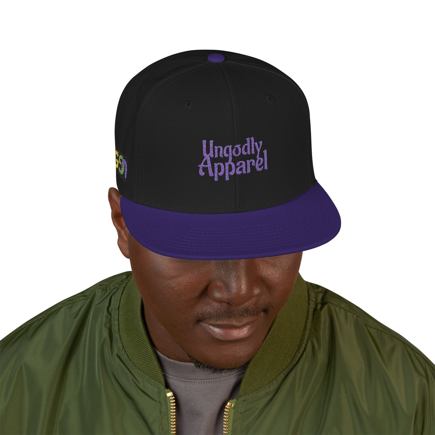 Embroidered Snapback Hat — 'Ungodly Apparel' Purple Script