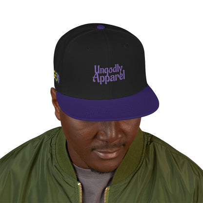 Embroidered Snapback Hat — 'Ungodly Apparel' Purple Script