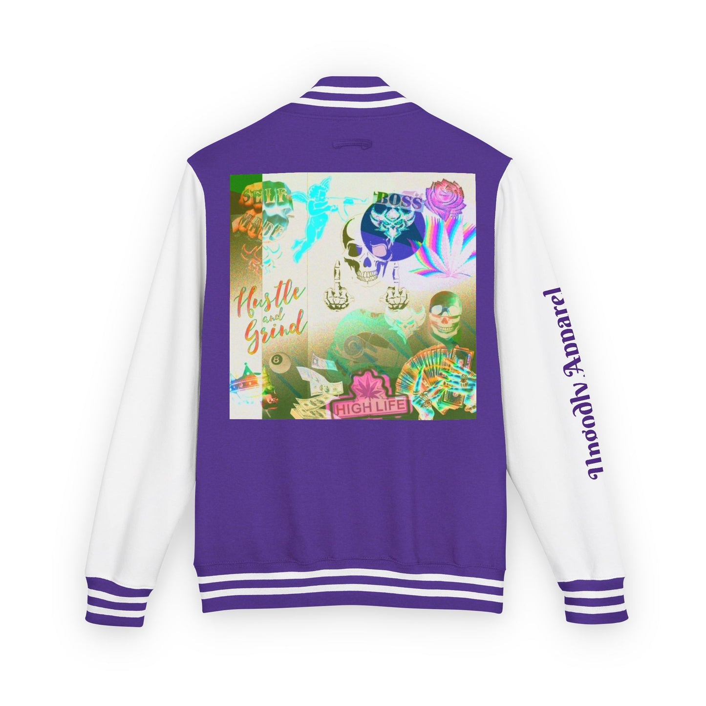 "Hustle and Grind" Letterman Jacket — Neon Collage Heart & 'Hustle Hard' Streetwear
