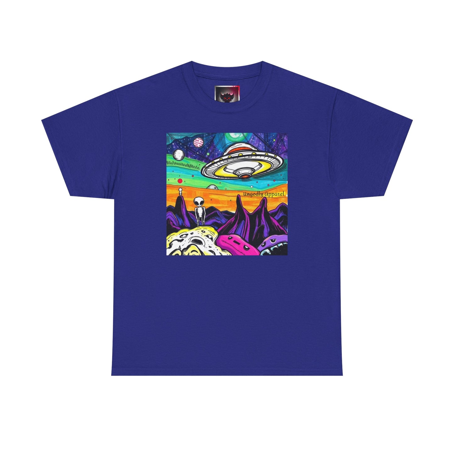 UFO Retro Alien Landscape T-Shirt — Colorful Space Art Tee