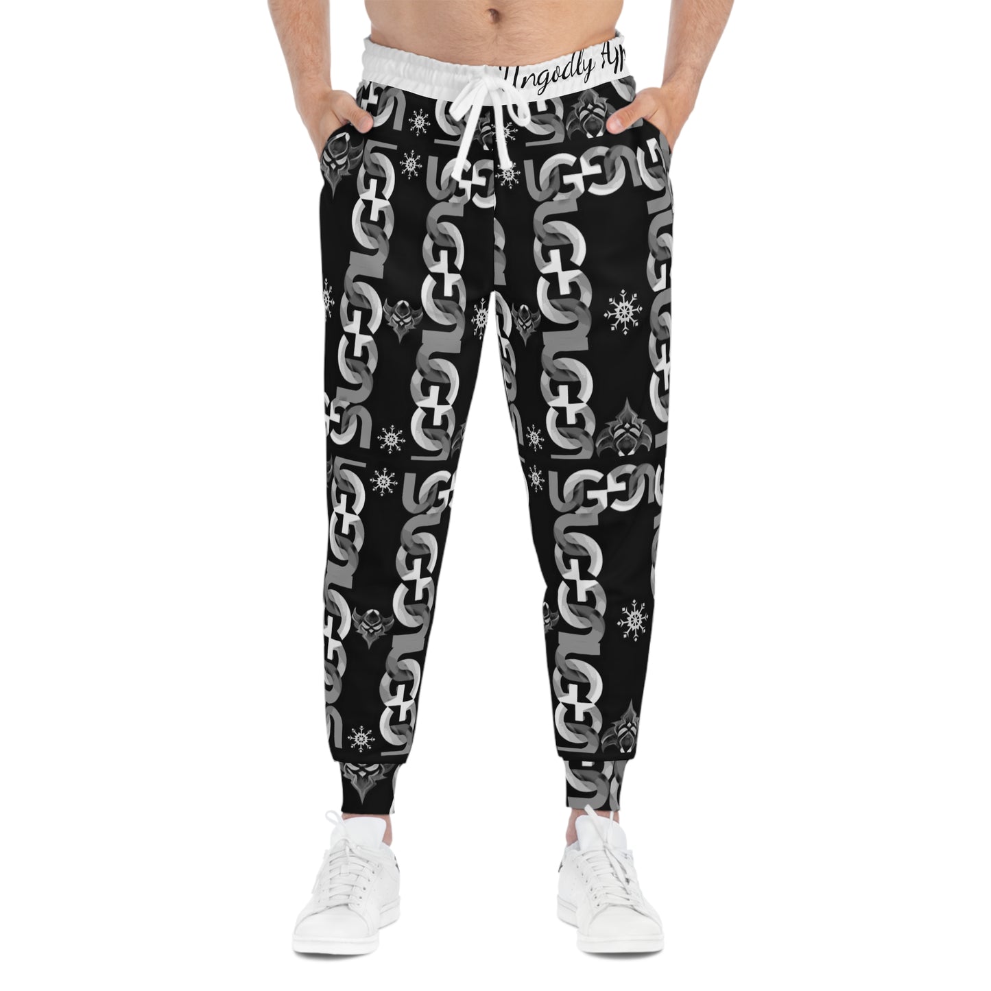 Ungodly Chain Pattern Athletic Joggers — Black & White All-Over Print