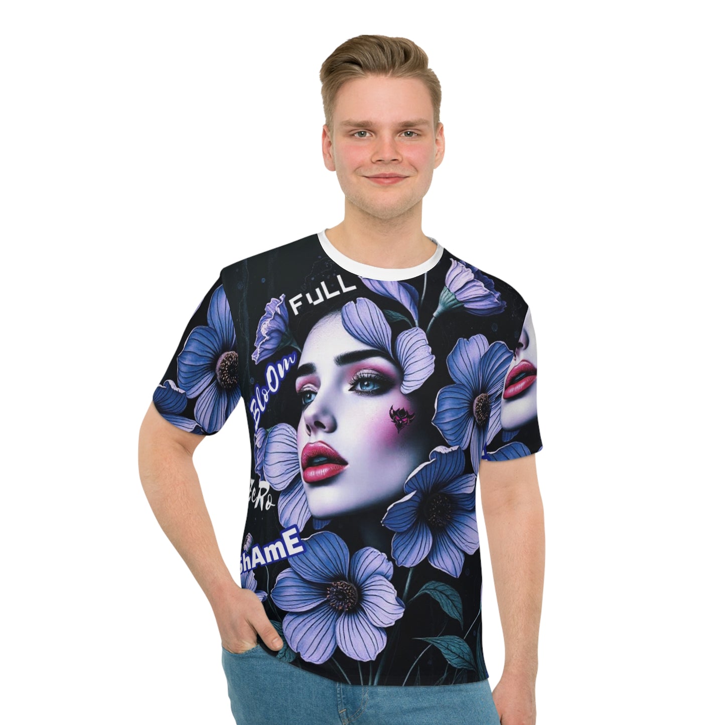 Stylish Floral Graphic T-Shirt - 'FULL BLOOM ZERO SHAME' Design