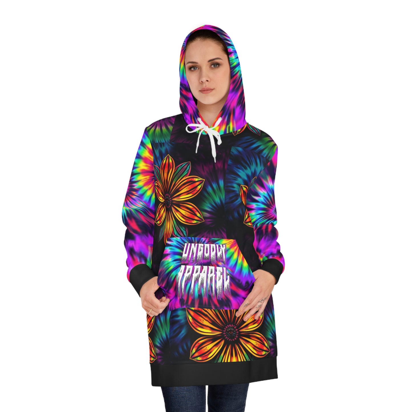 Vibrant Floral Tie-Dye Hoodie Dress, Bohemian Fashion, Comfortable Loungewear, Festival Outfit, Unique Gift for Women