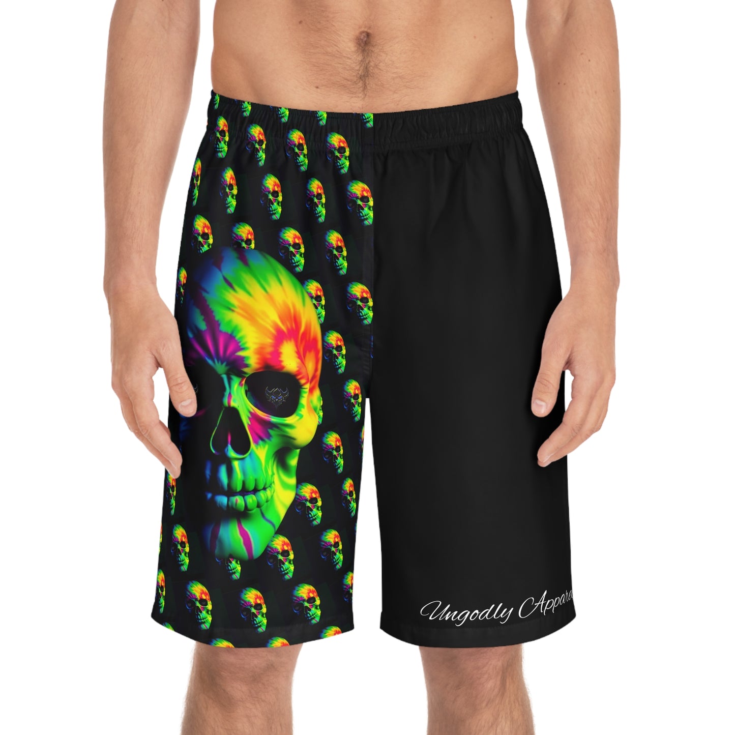 Vibrant "Ungodly" Skull Print Board Shorts, Summer Swim Trunks, Beach Wear, Festival Apparel, Men's Swim Shorts for Parties