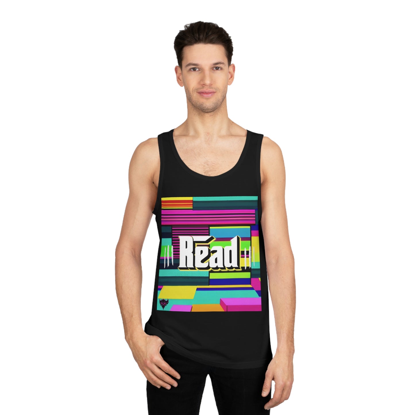 "Read Between the Lines" Colorful Read Tank Top, Unisex Softstyle™ Tank, Reading Gift, Book Lover's Apparel, Summer Fashion, Fun Literary Shirt