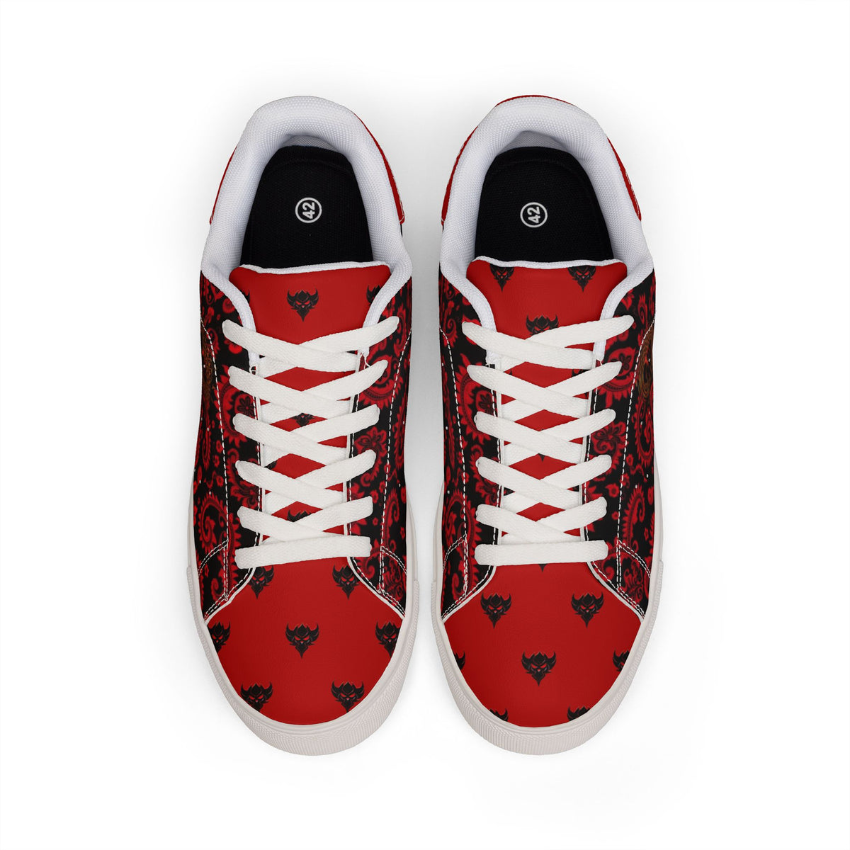 Red and Black "Ungodly Apparel Logo" Paisley Leather Sneakers