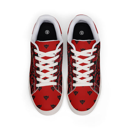 Red and Black "Ungodly Apparel Logo" Paisley Leather Sneakers