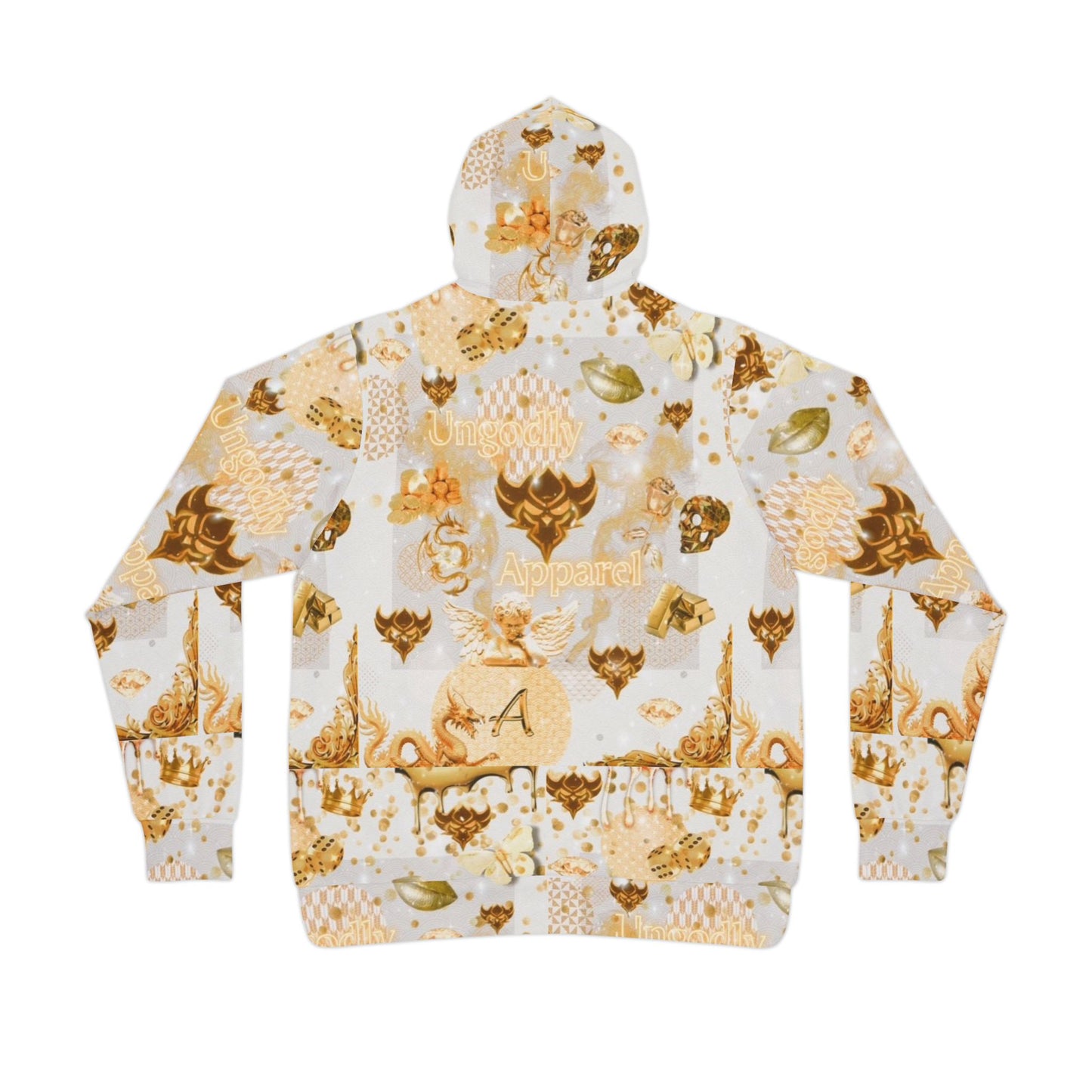 "Ungodly Gold" Gold Skull Pattern Athletic Hoodie – All-Over Print Streetwear