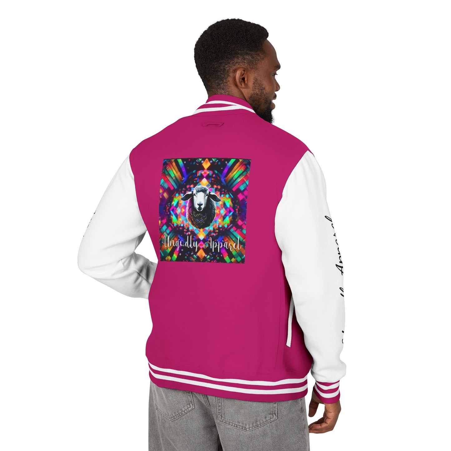Letterman Jacket — Pink Kaleidoscope "Black Sheep of the Family"  Design with 'Ungodly Apparel' Sleeve Text