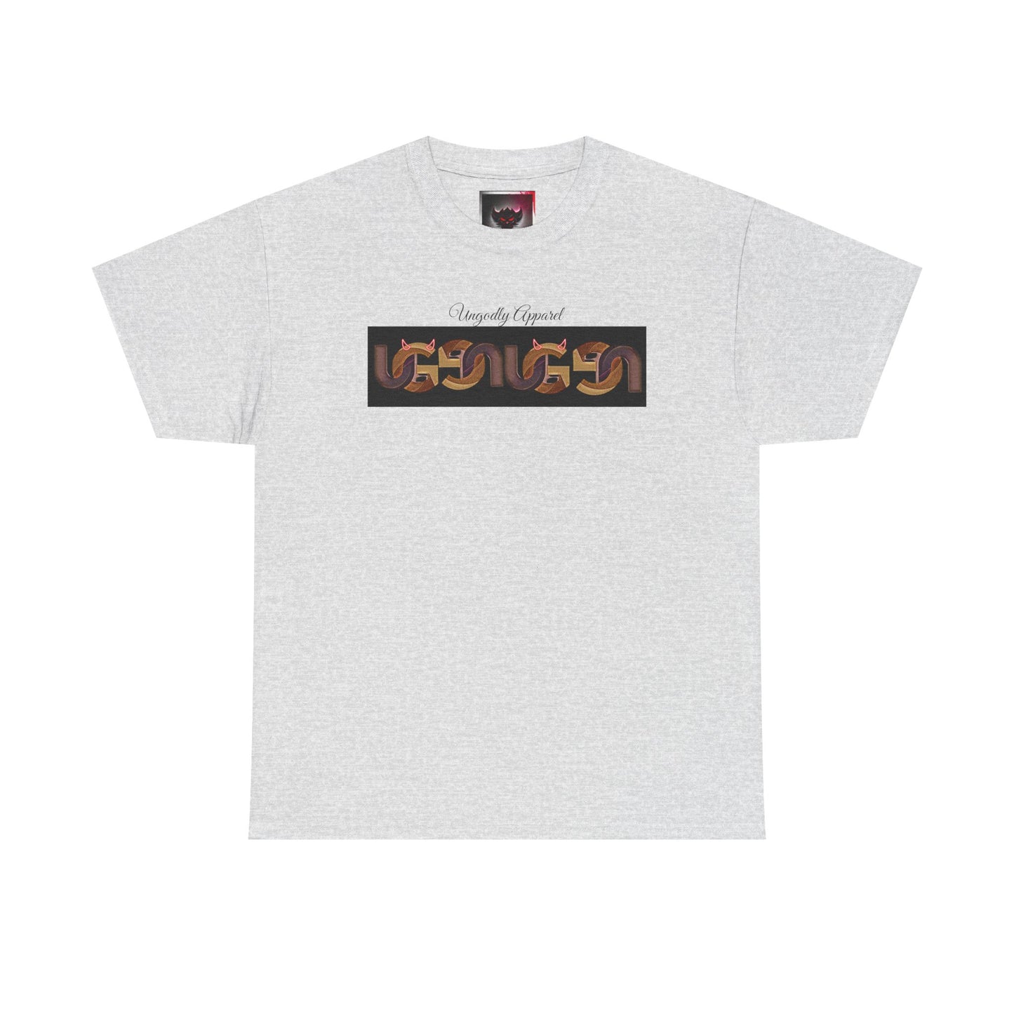 Retro Ungodly Apparel Flame Script Tee — Brown UG Link Pattern Graphic T-Shirt