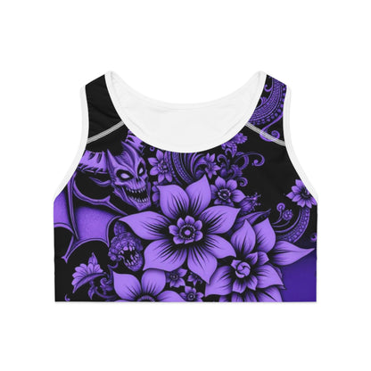 Gothic Floral "Chill of Darkness" Sports Bra - Dark Purple Skull & Flower Design