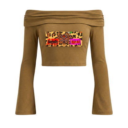 "Ungodly Apparel Leopard" Women's Off-the-Shoulder Bell Sleeve Crop T-Shirt