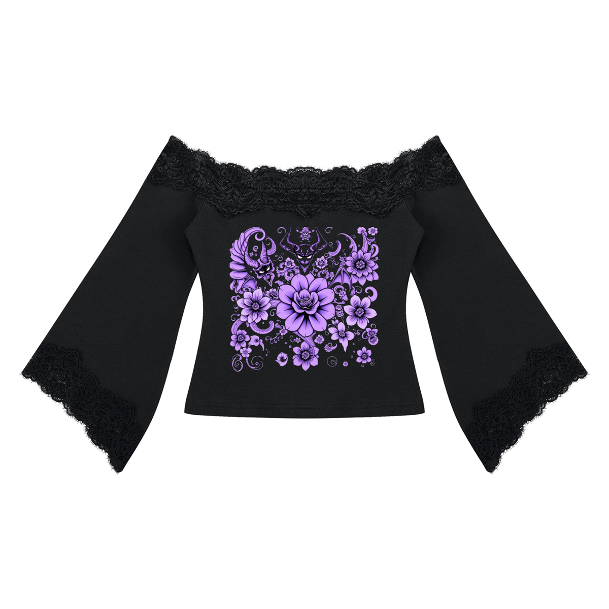 "Flowery Demons" Women's Off-the-Shoulder Lace Trim T-Shirt