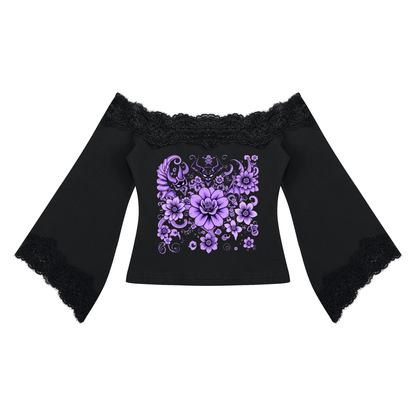 "Flowery Demons" Women's Off-the-Shoulder Lace Trim T-Shirt