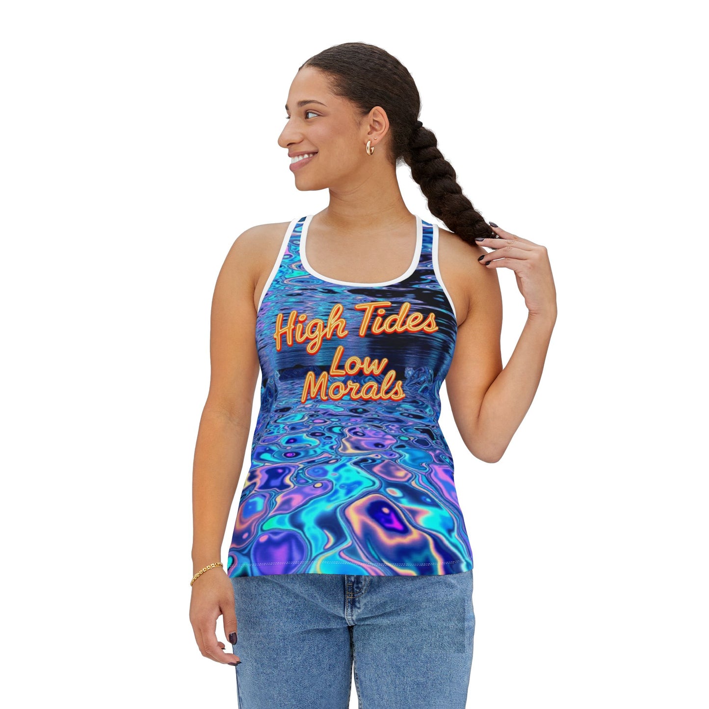 Vibrant Women's Tank Top with 'High Tides Low Morals', Colorful Beachwear, Summer Top, Vacation Shirt, Festival Attire