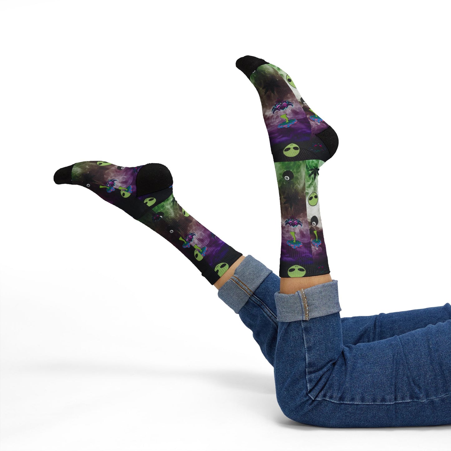 Alien Galaxy Sublimation Socks — Psychedelic UFO & Cannabis Pattern Crew Socks