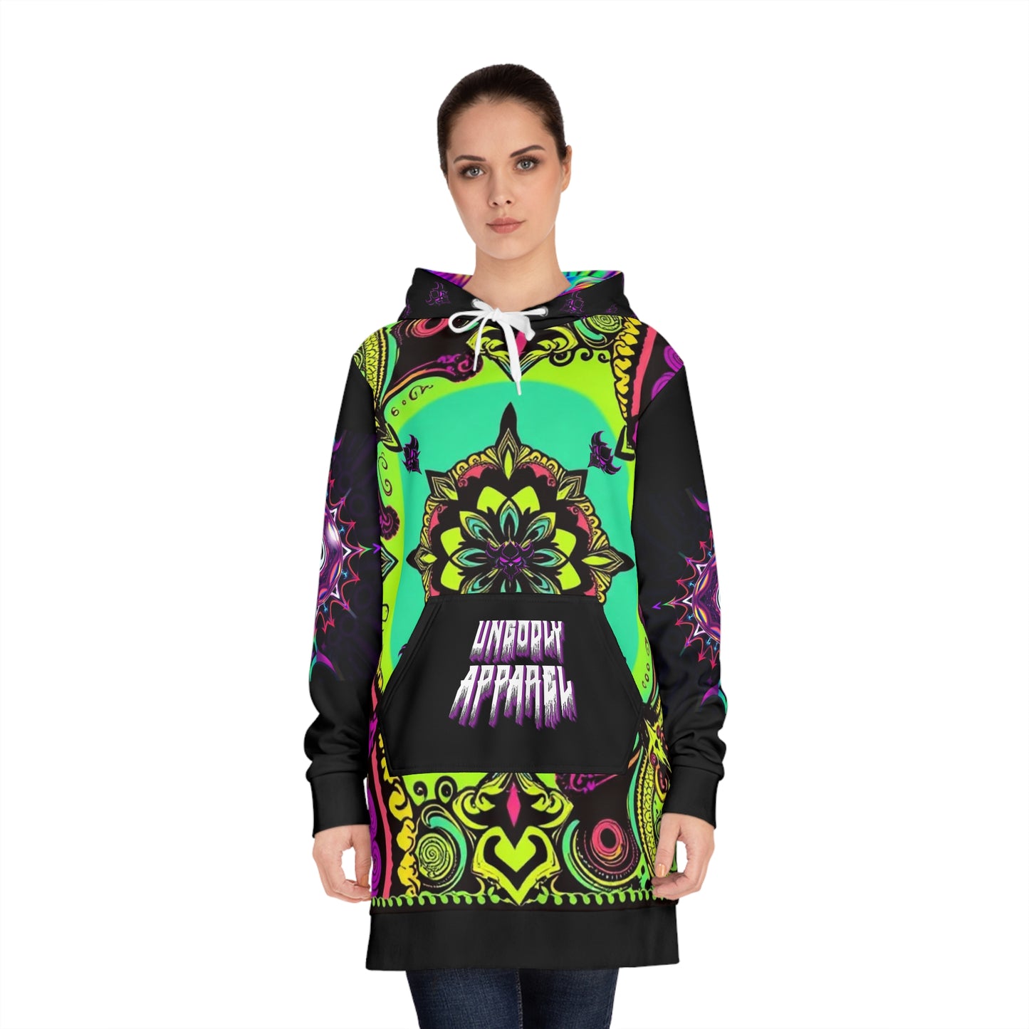 "Ungodly Green Paisley Bandana Hoodie" Boho Hooded Dress - Vibrant Colorful Mandala Design, Casual Wear, Festival Outfit, Unique Gift for Her, Cozy Sweater Dress