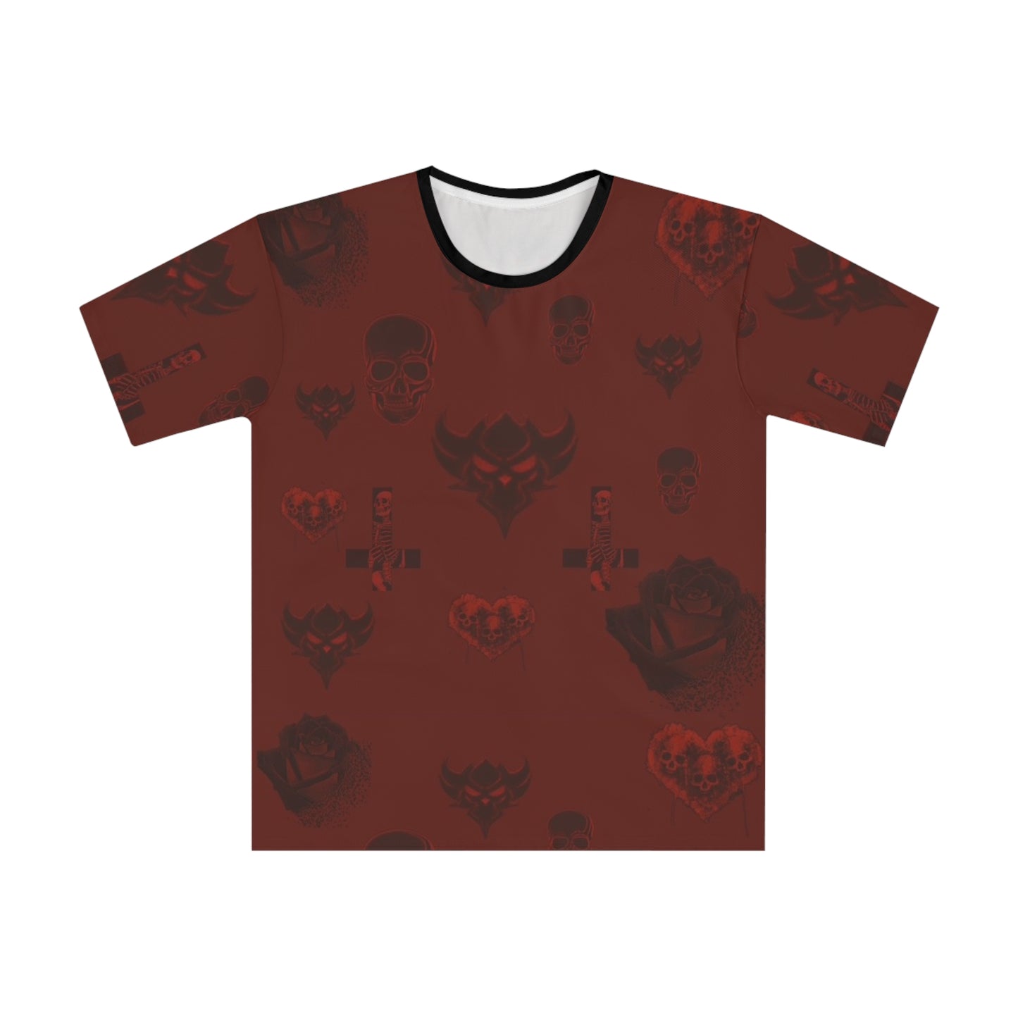 Men's Gothic Skull Pattern T-Shirt – Dark Red All-Over Print